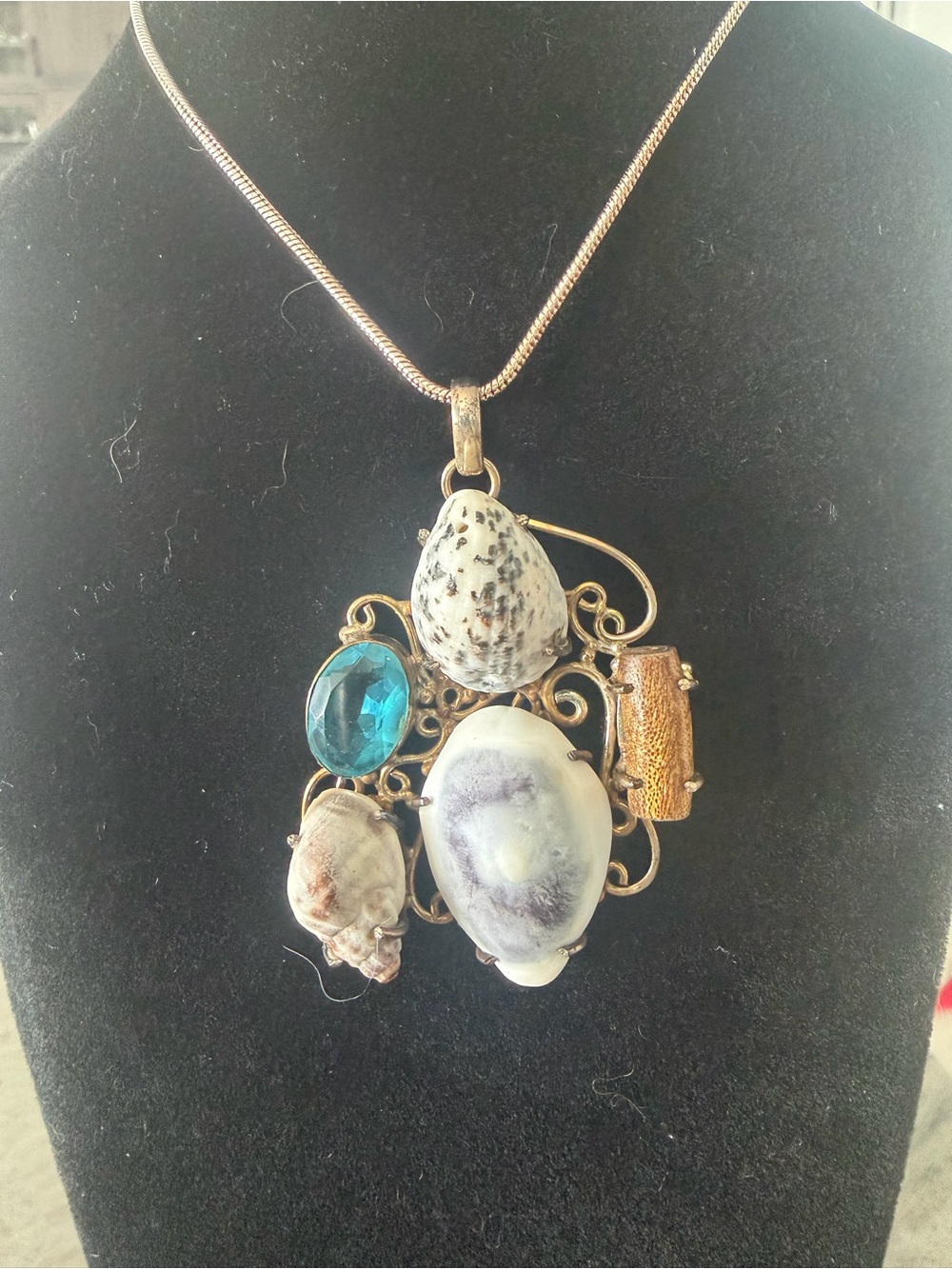 Vintage Marked 925 Multi-Stone Seashell Pendant Necklace - Blue, White & Gold